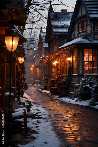 Snowy street in the old town of Alsace  France