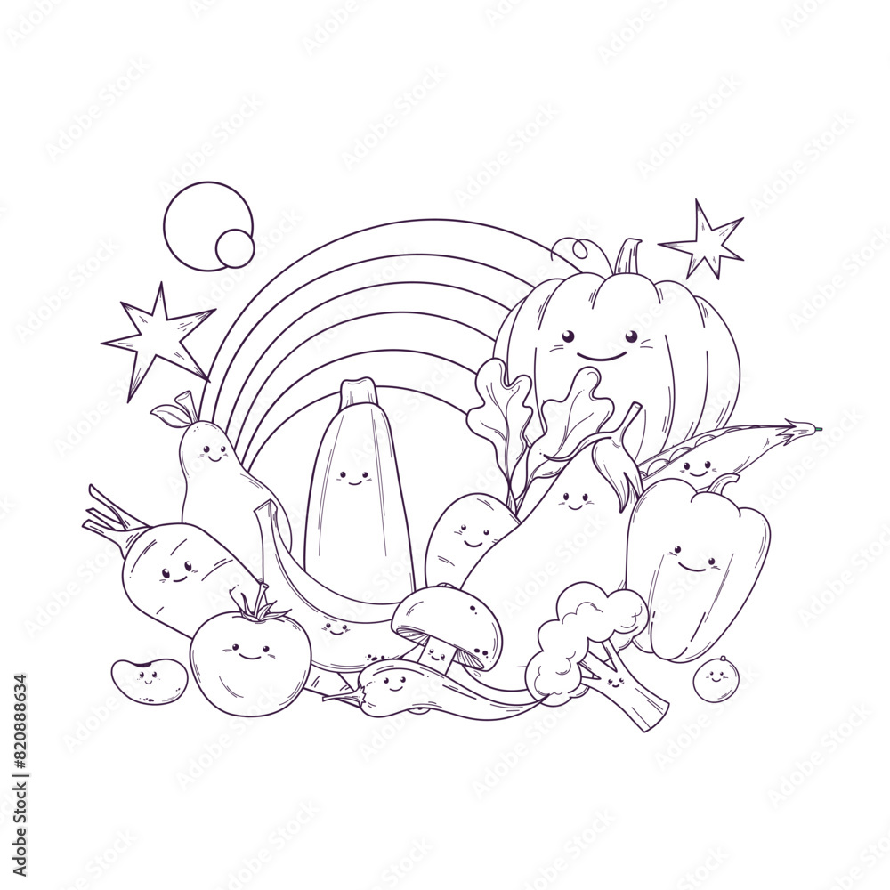 Fototapeta premium Vector outline black and white group kawaii vegetables and fruits with rainbow. Concept of healthy colorful eating, natural vitamins. Hand drawn illustration for coloring