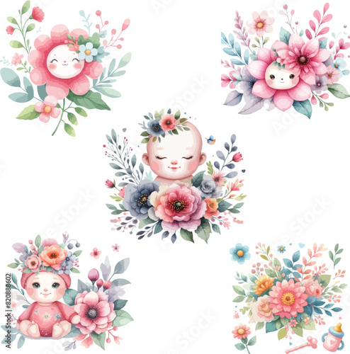 Cute watercolor newborn baby girl princess with crown and floral wreath, flowers bouquet