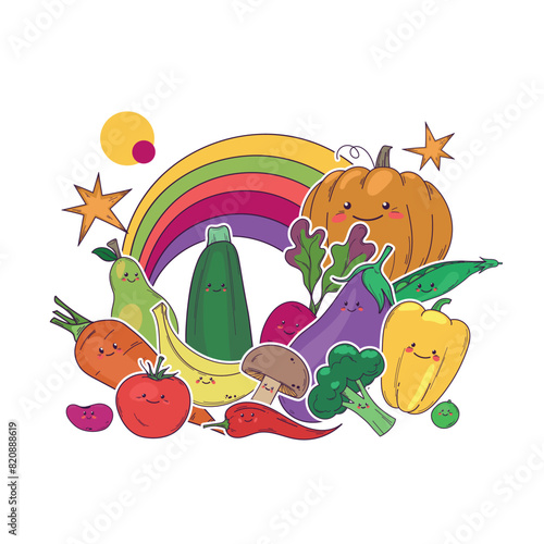 Group of bright kawaii vegetables and fruits with rainbow. Concept of healthy colorful eating, natural vitamins. Hand drawn illustration