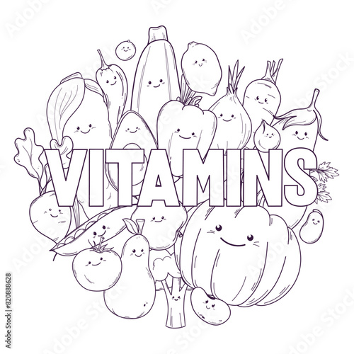 Vector outline black and white group kawaii vegetables and fruits. Concept of healthy colorful eating, natural vitamins. Hand drawn illustration for coloring