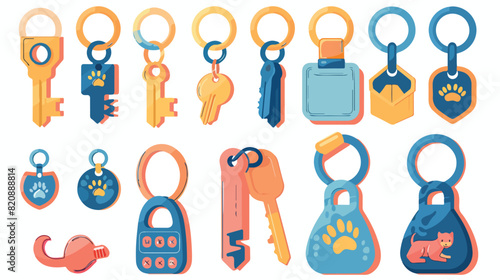 Keychains trinkets set. Key accessories collection.