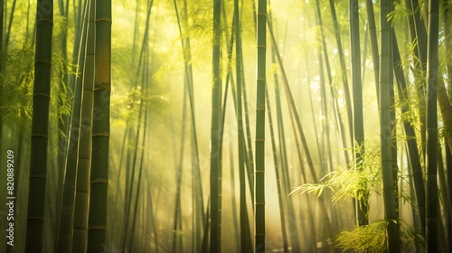 Panoramic view of the bamboo forest in a foggy morning