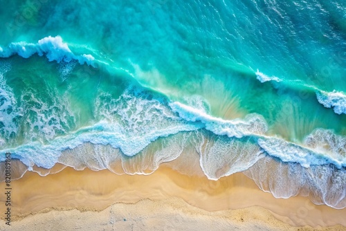 The concept of rest and travel. Beautiful background. Top view of the white sand beach and the rolling foamy wave of the turquoise ocean.