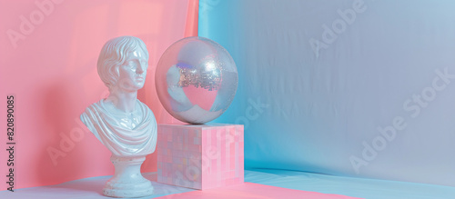 Fun silver metallic shiny mirror ball and classical bust sculpture pink box in pastel blue pink modern art gallery balloon background roman statue glam chic 70s retro vintage party 