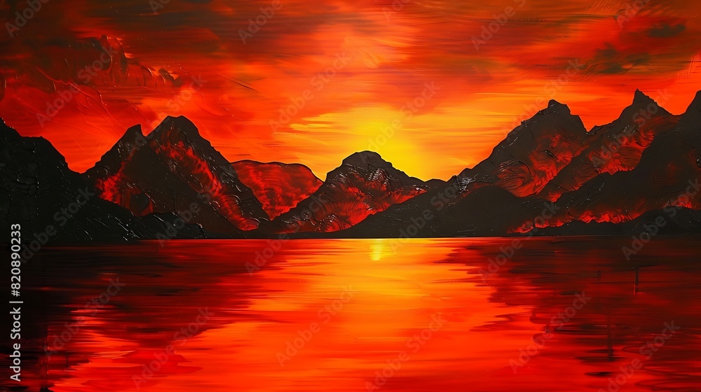 Fiery red sunset painting the sky over silhouetted mountains.