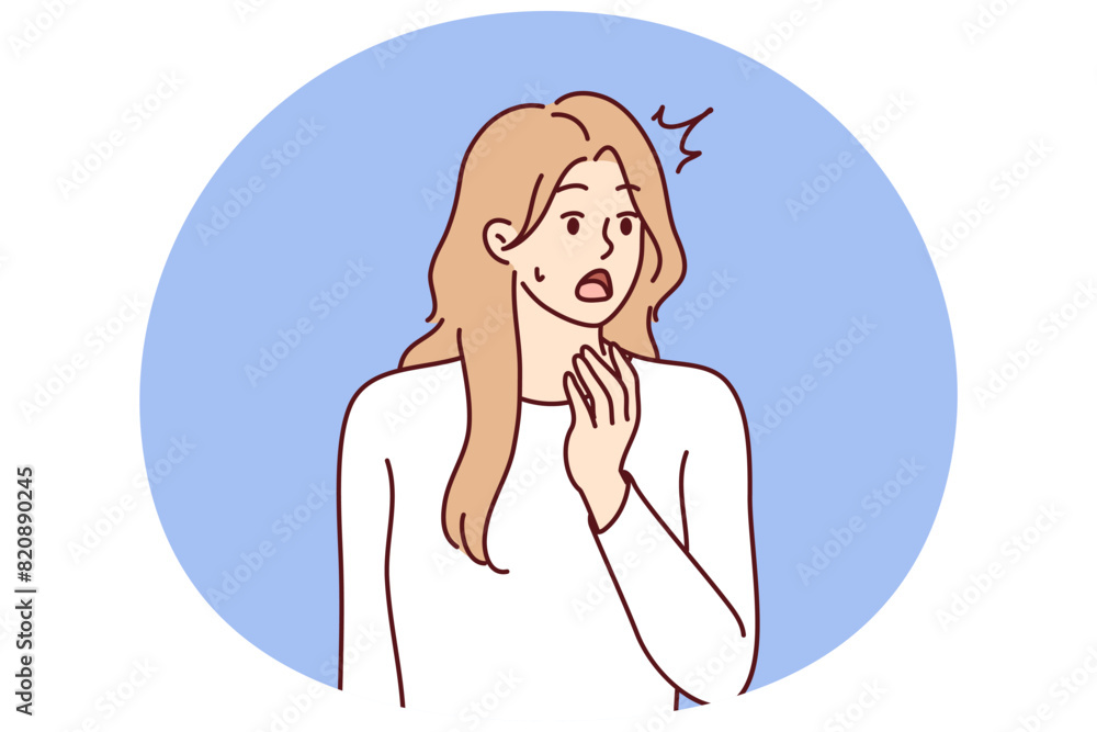 Young woman opens mouth when she sees unexpected event or experiences shock reaction after harsh statement. Girl is shocked by unexpected news about moving crisis or upcoming problems in labor market Young woman opens mouth when she sees unexpected event or experiences shock reaction after harsh statement. Girl is shocked by unexpected news about moving crisis or upcoming problems in labor market