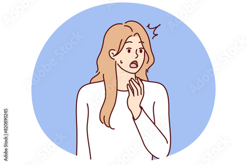 Young woman opens mouth when she sees unexpected event or experiences shock reaction after harsh statement. Girl is shocked by unexpected news about moving crisis or upcoming problems in labor market