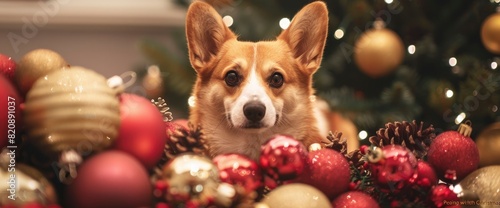 Posing With Christmas Decorations Is Fun, Says A Festive Scene Featuring A Joyful Dog Amid Holiday Ornaments, Standard Picture Mode photo