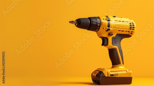 Cordless drill on yellow backdrop minimalist and striking visual. photo
