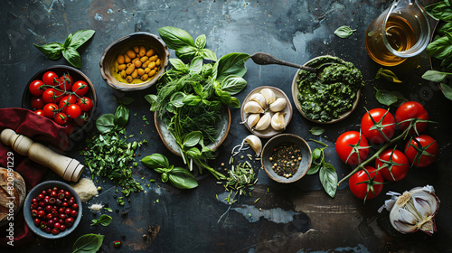 Pesto sauce with ingredients on table