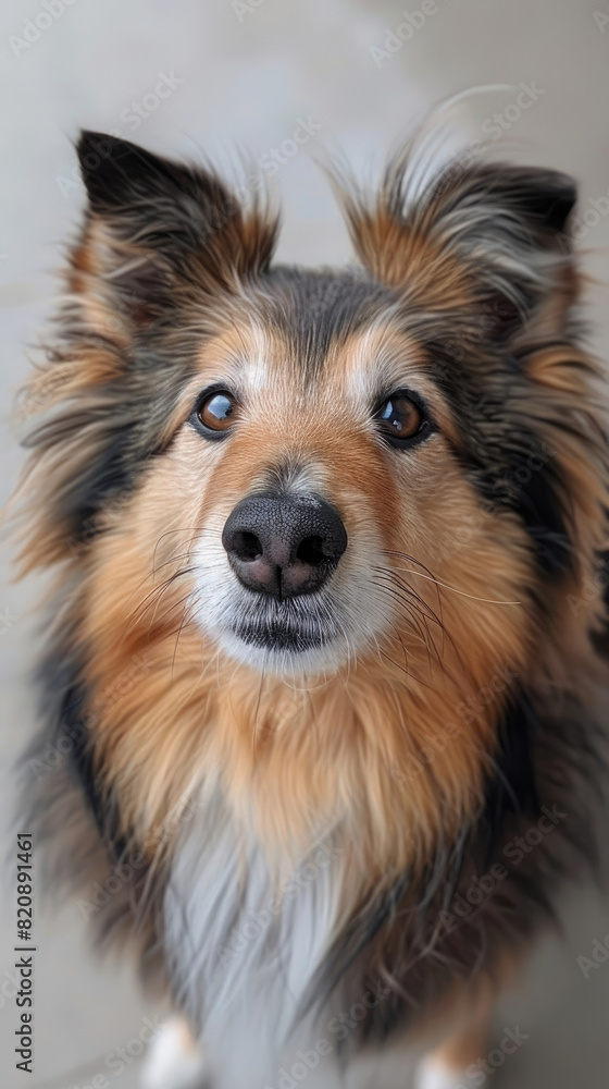 Close-up Shetland Sheltie Sheepdog looking front with head tilted and want to play expression with a light gray background Close-up Shetland Sheltie Sheepdog looking front with head tilted and want to play expression with a light gray background