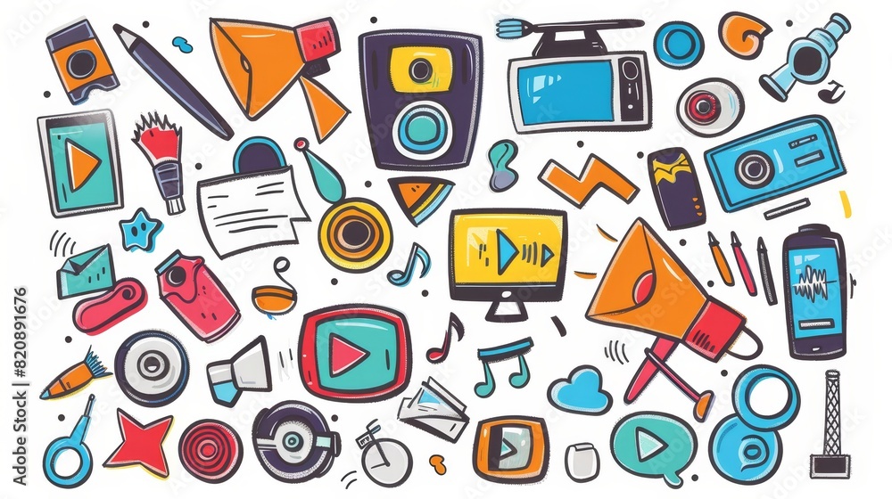 Animated video edition doodle icons. Pen with paper contract, arrow, music app, music player, camera and more. Animated video edition doodle icons. Pen with paper contract, arrow, music app, music player, camera and more.