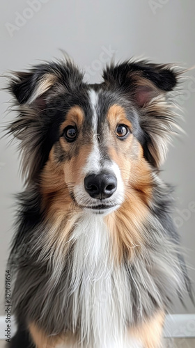 Close-up Shetland Sheltie Sheepdog looking front with head tilted and want to play expression with a light gray background © AstraNova
