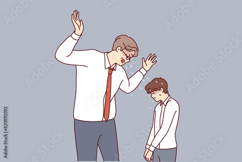 Angry boss yells at little subordinate, reprimanding him for making mistake or violating plan. Drool flying from mouth of angry boss scolding employee and showing hatred and lack of professionalism