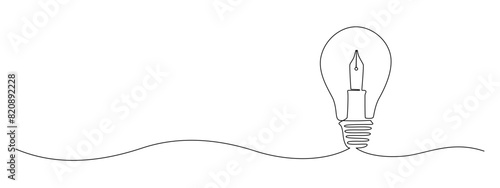 Light bulb and pen in one continuous line drawing. Creative idea innovation and writer and poetry concept. Lightbulb symbol in Editable stroke. Doodle contour vector illustration