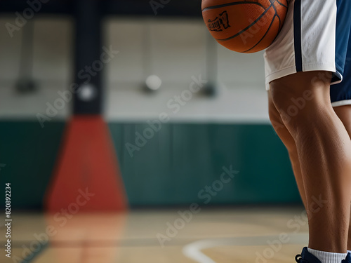 Close up of athlete playing basketball at indoor court. © Hasan