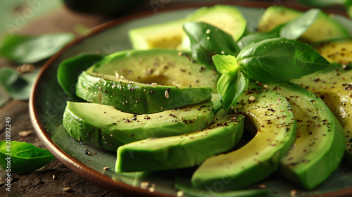 Tasty salad with ripe avocado on plate closeup