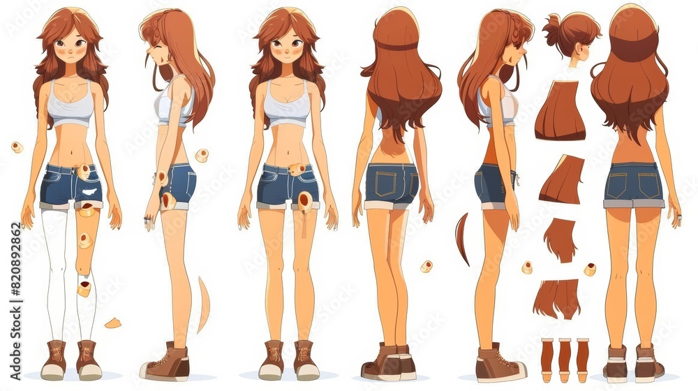 A modern creation model of a woman in contemporary style, depicted from front, side, and back, with parts of her body and head isolated on the background. A modern creation model of a woman in contemporary style, depicted from front, side, and back, with parts of her body and head isolated on the background.