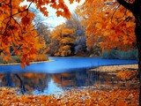 A beautiful autumn scene with a river and trees. The leaves are falling and the water is calm