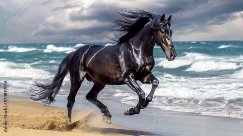 Majestic black horse running on the beach, perfect for wildlife or freedom-themed projects. © mashimara
