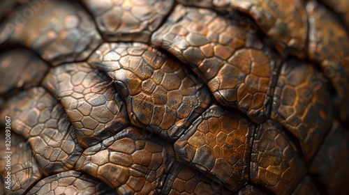 Macro shot of brown and burnt orange reptile scales displaying a detailed, textured pattern © Oskar