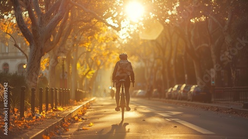A person biking down a street with autumn leaves and sun flare during a tranquil morning