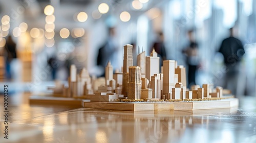 Architectural model of a cityscape on a table with blurred people in the background.