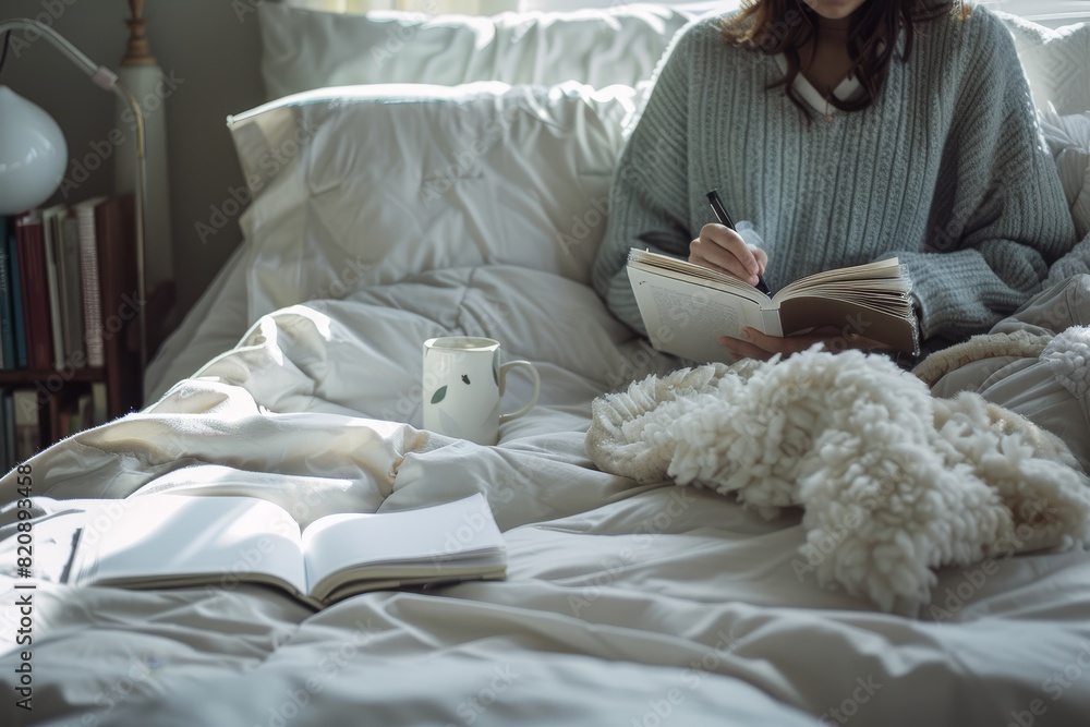 custom made wallpaper toronto digitalCozy Bedroom Scene with Person Journaling in Morning Light