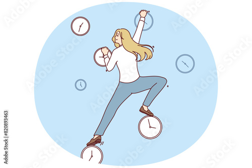Purposeful woman freelancer climbs up clock wanting to get work done and meet tough deadlines on time. Freelancer is engaged in time management to complete orders and get satisfied customers