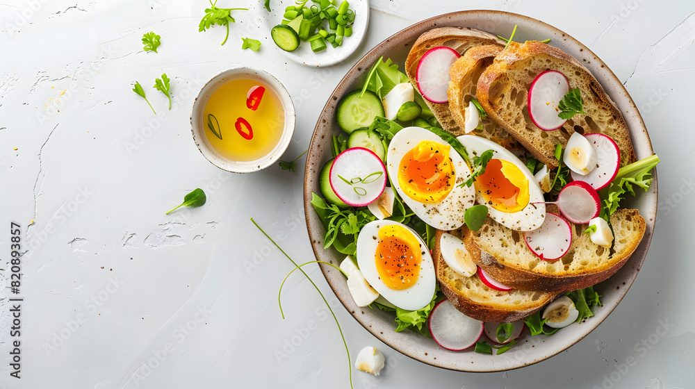 Delicious summer salad with boiled eggs, radishes, green onions and cucumber served with toasted bread close-up in a bowl on the table. horizontal top view from above isolated on white background, spa
