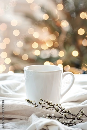 Cozy Winter Comfort with Warm Mug and Festive Holiday Lights © dashtik