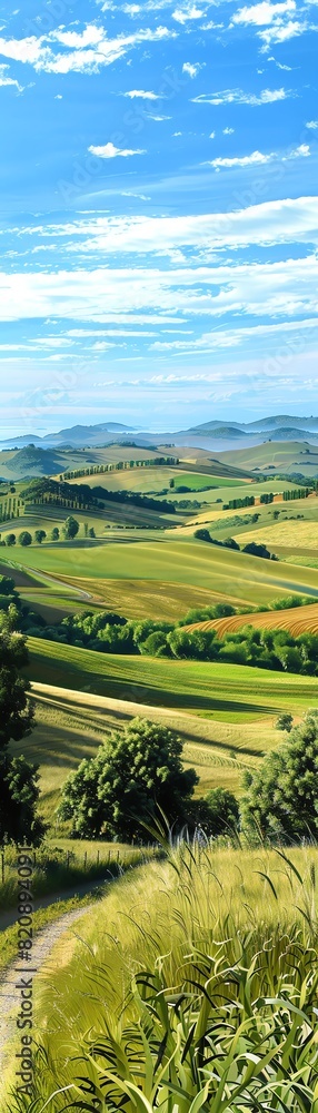Fototapeta premium Capture a serene, vast rural landscape with rolling hills and a clear blue sky in a traditional oil painting style