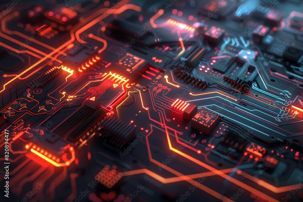 Close-up of illuminated fiber optic over printed circuit board. Beautiful simple AI generated image in 4K, unique. Close-up of illuminated fiber optic over printed circuit board. Beautiful simple AI generated image in 4K, unique.