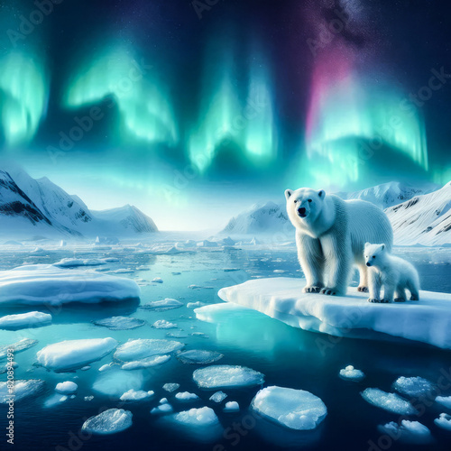 Polar bear and her cub on Arctic ice floe. Northern aurora borealis  winter landscape  snow and ice. Background illustration