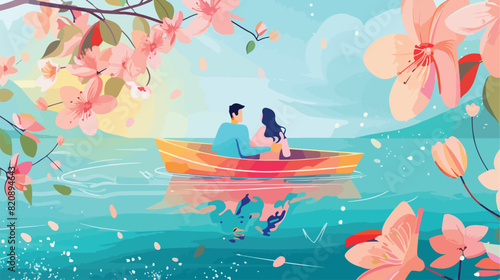 Love couple in boat in spring. Romantic date on river © Roses