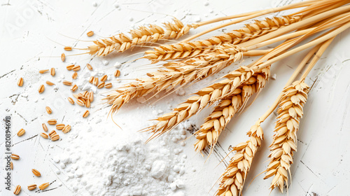 Composition with wheat spikelets grains and flour on white