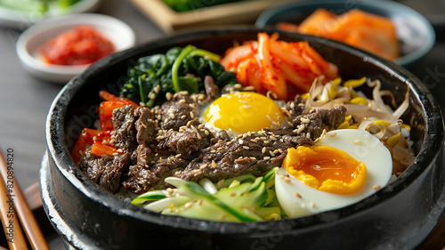 Traditional Korean dish bibimbap with fried agg, beef and vegetables photo