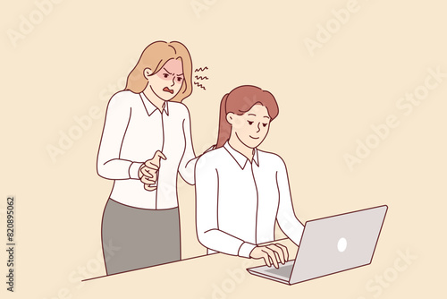 Irritated woman manager scolds subordinate employee working with laptop, for workplace bullying concept. Nervous boss demands to exceed plan, resorting to bullying for achieve business goal