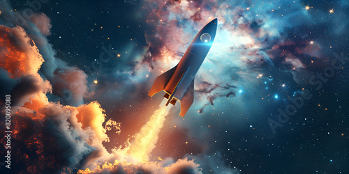 A colored rocket takes off on the background, Futuristic rocket explores space through technology 