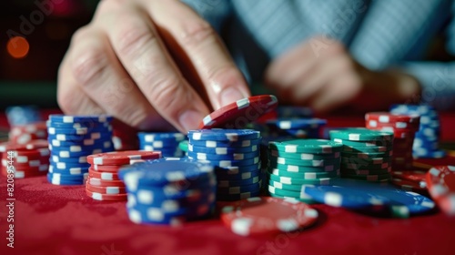 Gambler man hands with large stack of colored poker chips across gaming table for betting