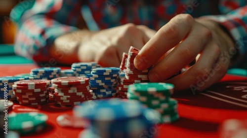 Gambler man hands with large stack of colored poker chips across gaming table for betting