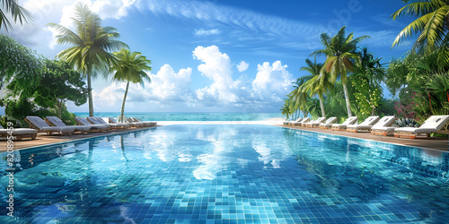 Summer escape Beach resort, pool, loungers, palm trees, and a sunny blue sky