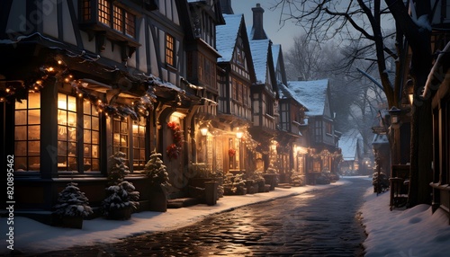 Snowy street in the old town of Alsace, France © Iman