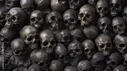 Collection of skulls and bones covered with spider web and dust in the catacombs. Numerous creepy skulls in the dark. Abstract concept symbolizing death, terror, and evil