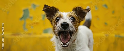 Against A Vibrant Yellow Backdrop, A Jack Russell Terrier Strikes A Comical Pose, Its Irrepressible Energy And Charm Encapsulated In Its Endearing Antics photo