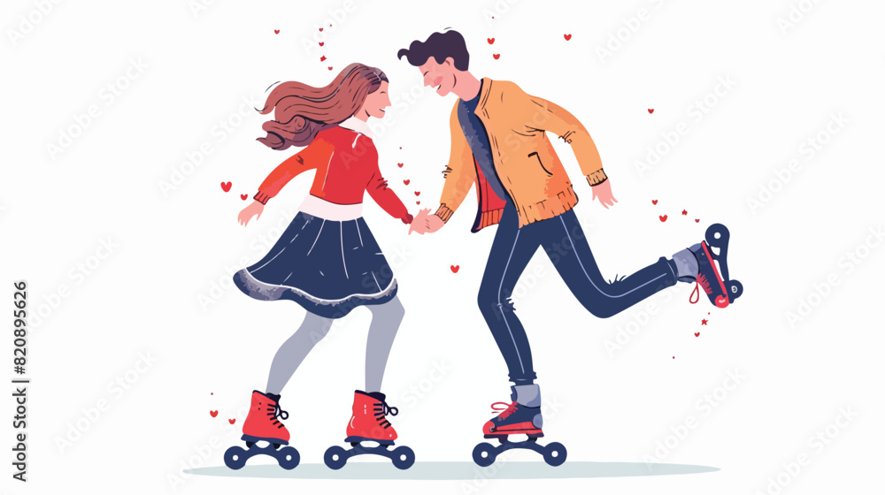 Love couple skating on roller skates. Happy romantic