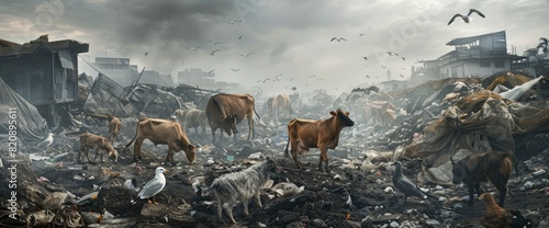 Against The Backdrop Of Environmental Degradation, A Haunting Tableau Unfolds, As Cows, Dogs, And Seagulls Converge Amidst The Refuse Of A Garbage Dump photo