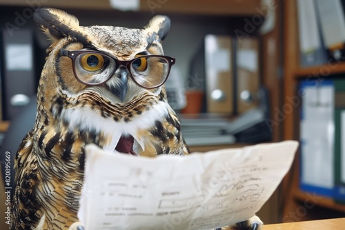 An owl as a private investigator in an office photo