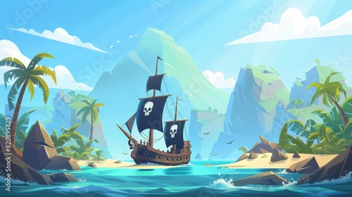 Tropical island sand beach landscape with palm trees, mountains and corsair boat on water, cartoon illustration of a pirate ship off a lagoon.